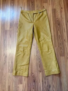 Worth Women's Paneled Leather Lined Straight Leg Pants Mustard Yellow Size 6